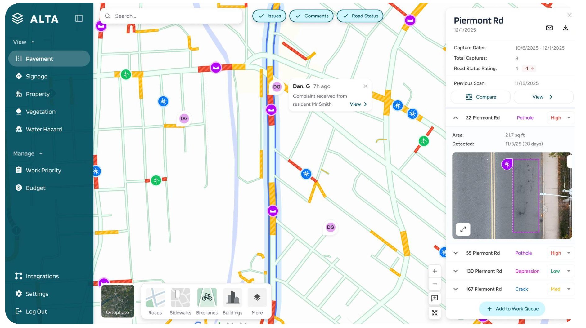 Alta Grid Dashboard — city map with asset condition data, detail panel, and work queue
