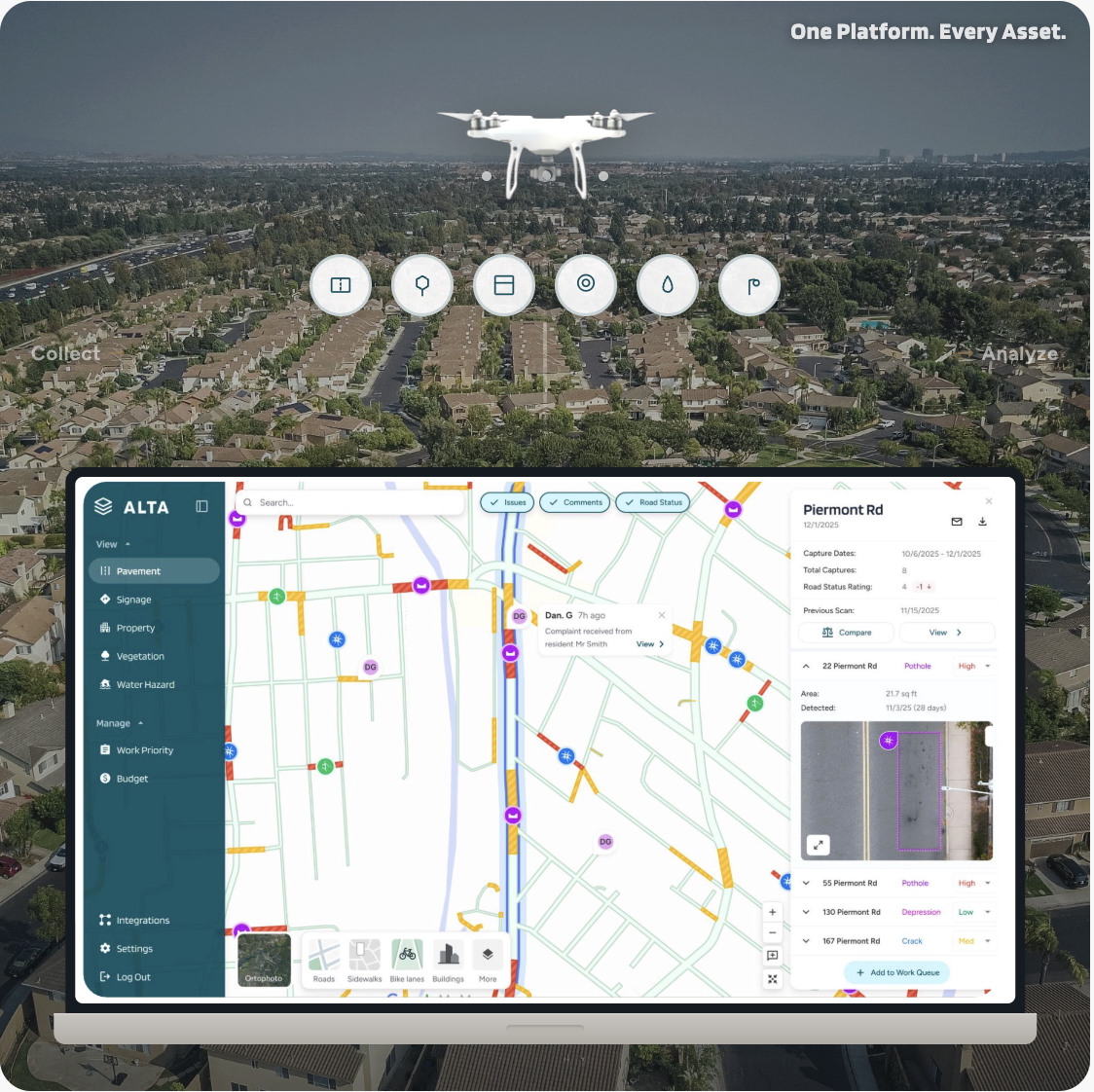 Drone collecting city data, analyzed on the Alta Grid dashboard